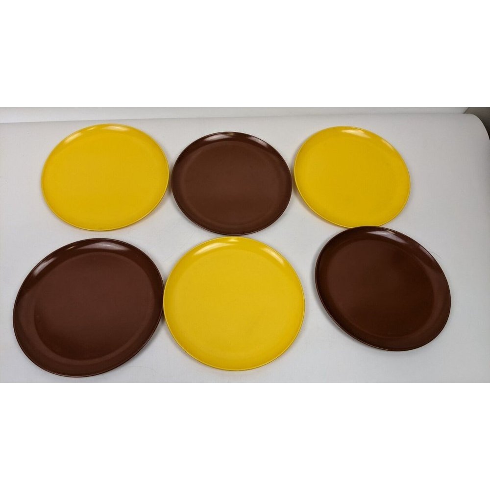 Vintage Melamine 9" Dinner Plates 400 Brown Mustard Yellow Lot of 6